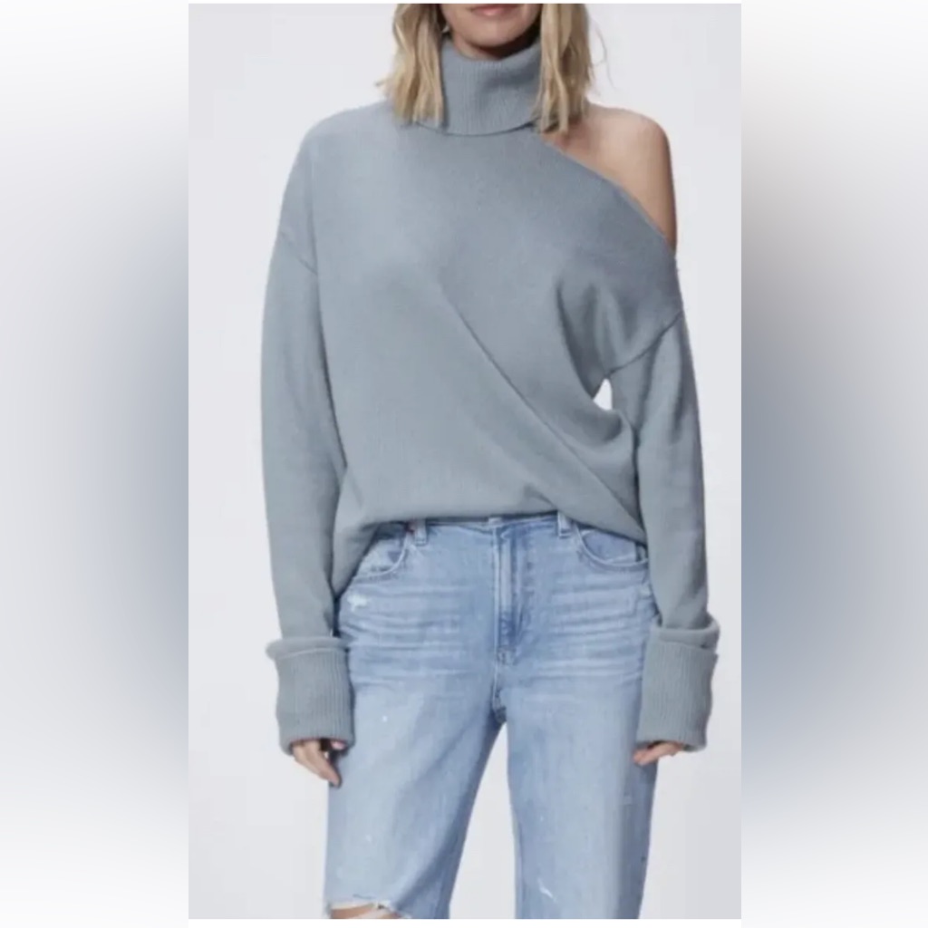 New Paige Women’s Raundi Cutout Shoulder Sweater In Stone Blue Size M